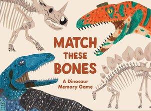 Matching game box shows dinosaurs and their skeletons with the text "Match These Bones: A Dinosaur Matching Game."