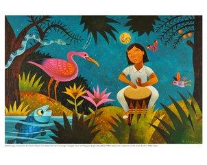 A girl in white plays the drum at night while animals, fish and birds look on.