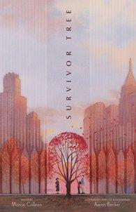 A tree with red autumn leaves is centered between New York City skyscapers in the shadow of the absent World Trade Center..