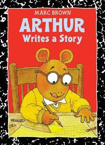 An aardvark boy wearing glasse and a yellow sweater sits in a chair at a desk writing with a pencil. His tongue is out in concentration.