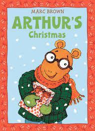 An aardvark boy wearing glasses, freen mittens, a green jacket and a red scarf, holds a wrapped present while smiling.
