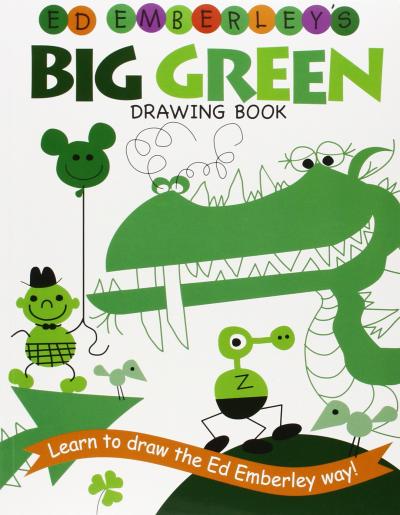 Drawings made out of green shapes including a dragon, person holding a balloon, birds and an alien.