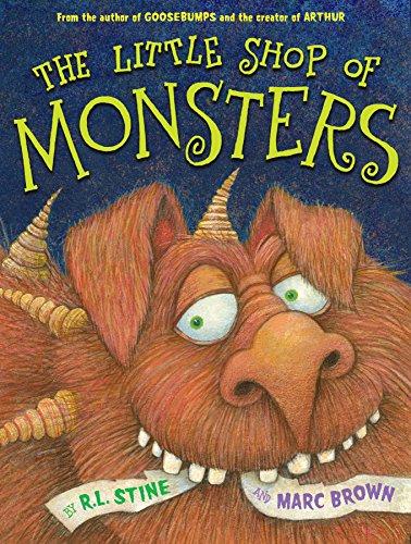 A hairy brown monster with big eyes, many white teeth and four horns smiles and nibbles a piece of paper.