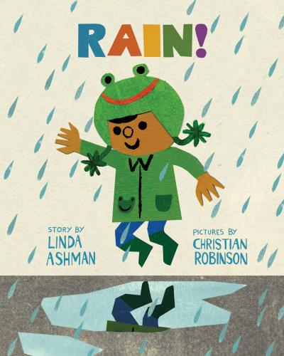 A child in a green raincoat, rainboots and frog hat jumps in a puddle in the rain.