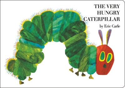 A green caterpillar with red head inches across the page.