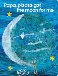 A ladder is propped against a smiling moon in a blue night sky filled with yellow stars.