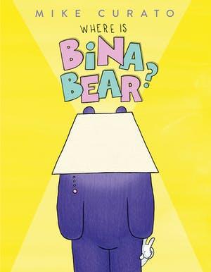 A purple bear wears a white lampshade over its head covering its face. A tiny white bunny pokes it head out from behind the bear.