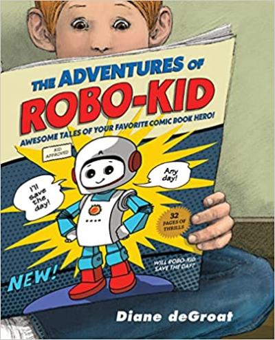 A child sits on the floor reading a comic book with the title "The Adventures of Robo-Kid"