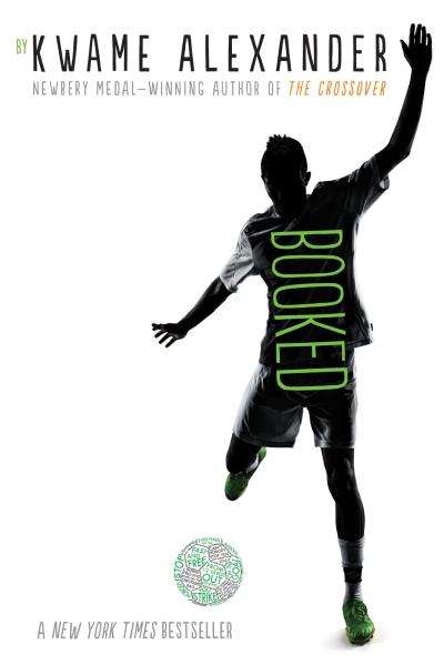 A silhouette of a soccer player against a white background kicking a soccer ball made of words.