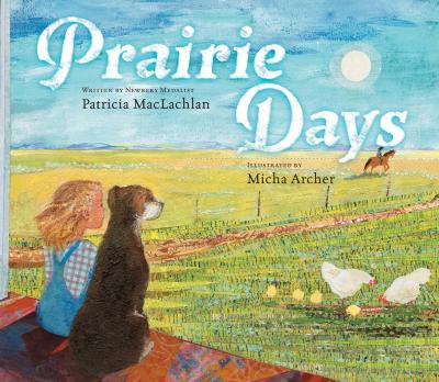 A child in overalls sits next to a dog looking out a flat prairie with chickens and a horse in the distance.
