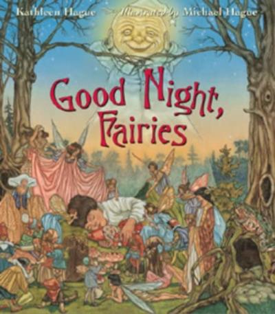 A child sleeps in a forest while fairies surround him and a smiling moon glows overhead.