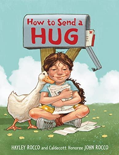 A child sits below an overflowing mailbox with an affectionate goose hugging letters.