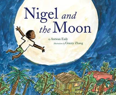 A boy flies toward the moon with arms outstretched with a village and trees far below.