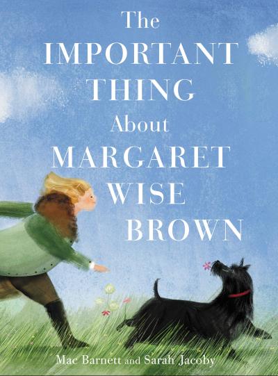 An illustration of Margaret Wise Brown chases her dog across a meadow.