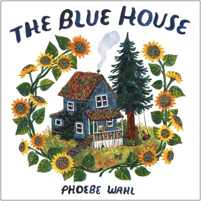 A blue house with smoke coming out of the chimney is surrounded by sunflowers.