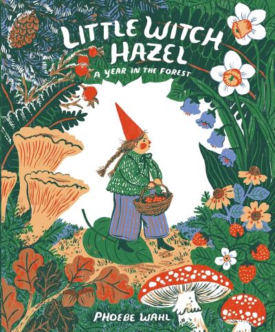 A gnome wearing a pointy red hat walks through a flowering forest carrying a basket.