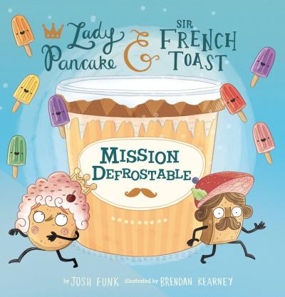 A pancake wearing a crown and piece of french toast with a mustache run away from a giant carton of ice cream.