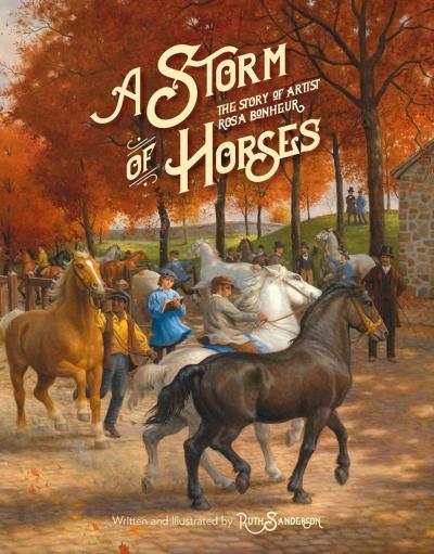 painting of people leading many horses in a circle