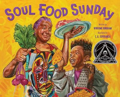 a Black boy holding cheese and a Black woman holding meat and vegetables