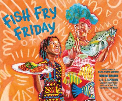 a Black boy holding a platter of food and a Black woman holding a fish