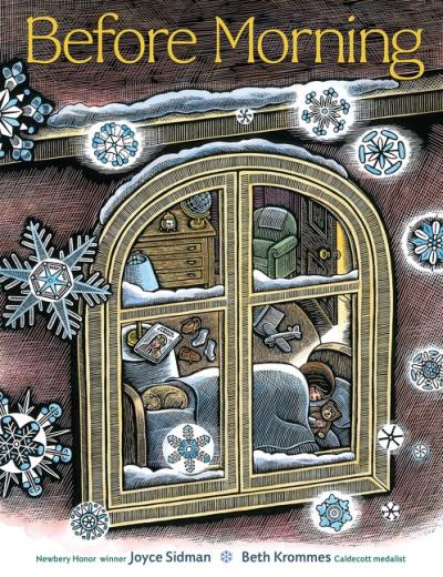 illustration of a snowy day looking in a house window