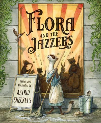 illustration of a ferret mopping outside a jazz concert