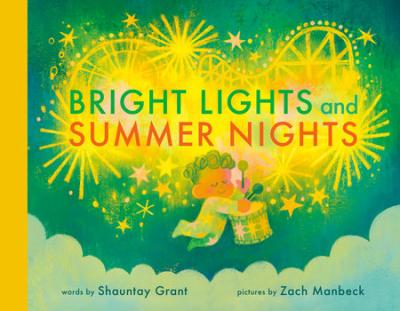 A child in pajamas plays a drum floating in the sky amid a rollercoaster and fireworks.