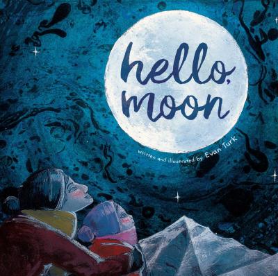 Two people wearing winter gear look up at a full moon at night.