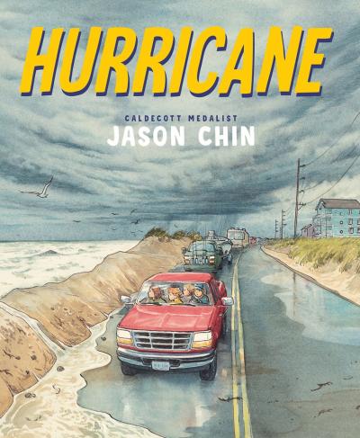 a family driving away from a hurricane