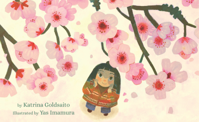 Illustration of a little girl looking at cherry blossoms up on a tree.