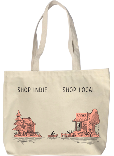 Natural colored canvas tote bag with text Shop Indie Shop Local