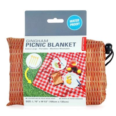 a picnic blanket with red and white squares