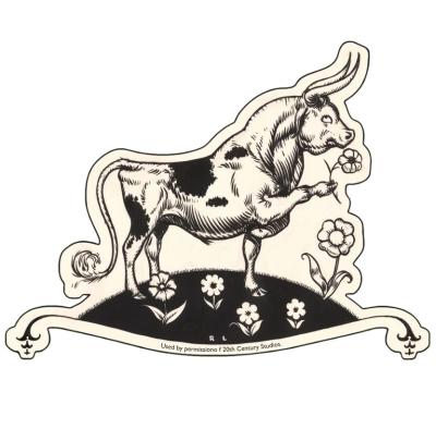 Black and white illustration of a spotted bull sniffing white flowers.