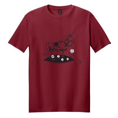 Red unisex t-shirt with image of a bull sniffing white flowers