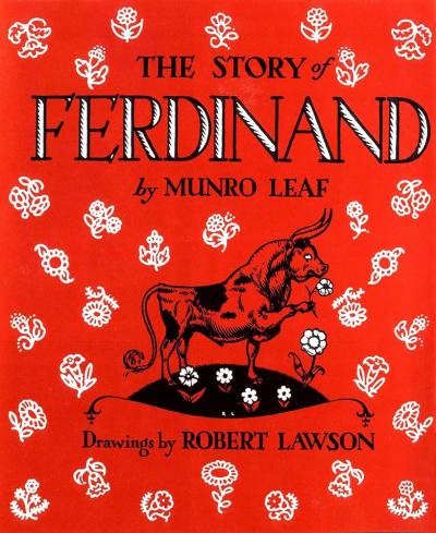 Red book cover with black and white illustration of a bull sniffing white flowers.