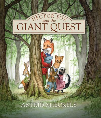 A fox holding a book surrounded by other woodland creatures peers around a tree in a forest.