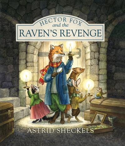 A fox and other woodland animals hold up candles to illuminate a stone room filled with treasures.