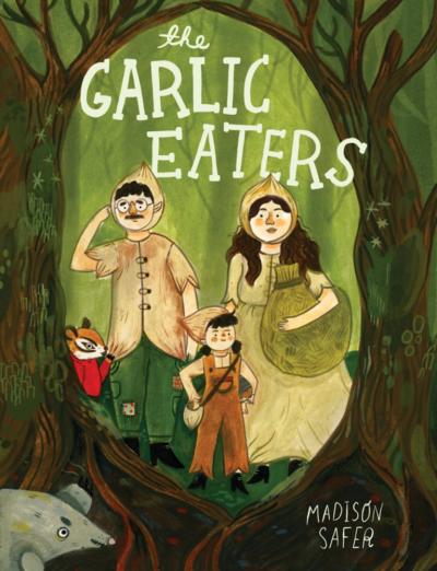 Illustration of a family wearing garlic hats in the woods