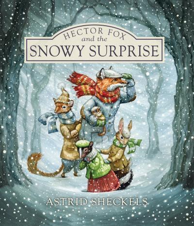 Illustration of forest animals in winter clothing, traveling in snow