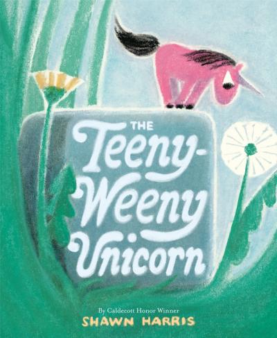 Illustration of a very small pink unicorn standing on a rock