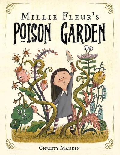 A girl smiles and holds up a trowel, standing among a garden of peculiar plants with eyes.