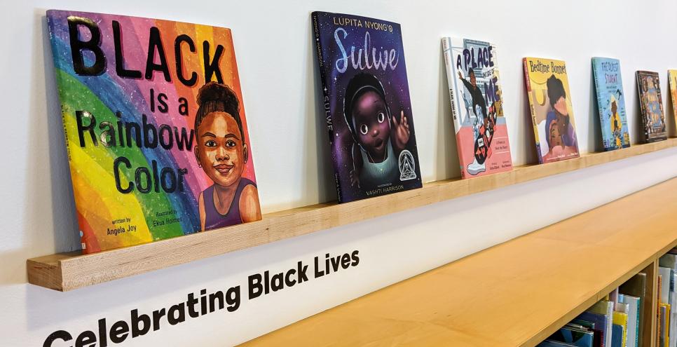 Shelf with books from our Black Voices exhibition