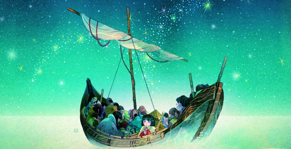 Picture book cover showing a group of people huddled together in a small boat, under a starry sky. 