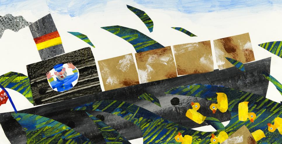 Illustration of rubber ducks falling off cargo ship into ocean. 