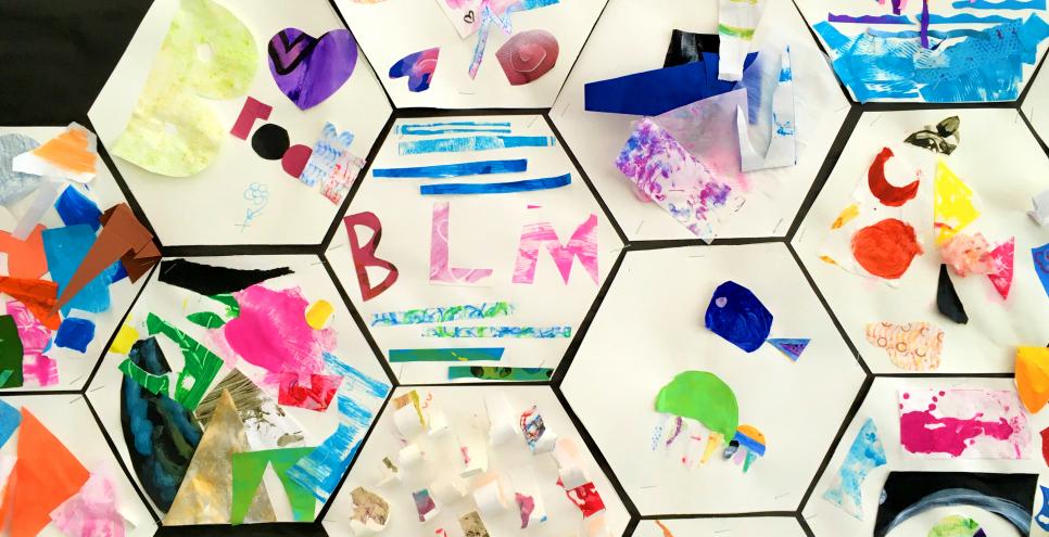 Several hexagon shaped collages displayed together, one central collage includes the letters BLM