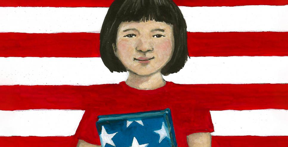 Illustration of child holding book with stars against red and white striped background. 