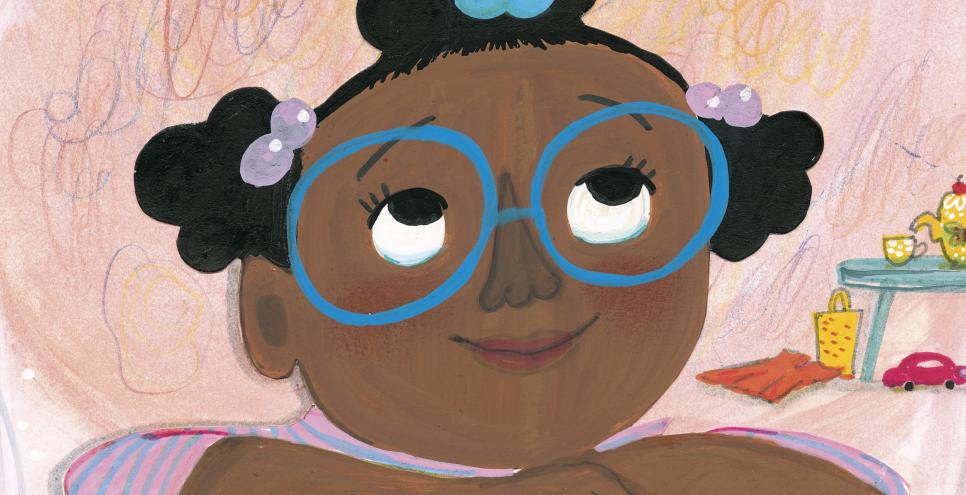 Book cover showing a Black girl wearing blue framed glasses, smiling and looking out a window at a butterfly on a branch.