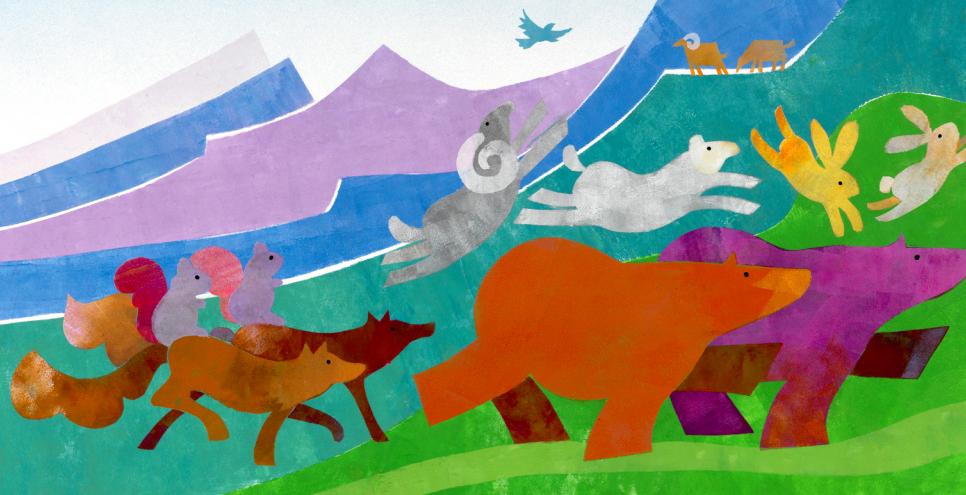 Illustration of animals in mountainous landscape.
