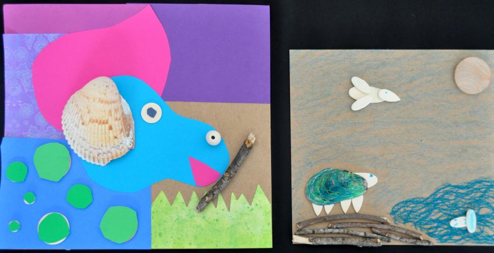 Two mixed media collages of animals made out of paper, wood, and shells.