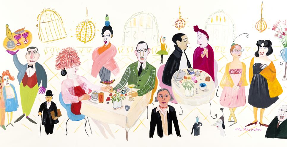 Illustration of diners at fancy restaurant. 